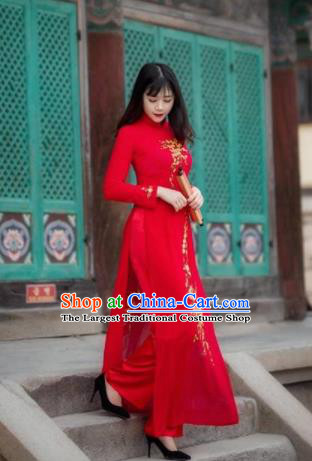 Vietnam Traditional National Wedding Red Ao Dai Dress Asian Vietnamese Cheongsam for Women