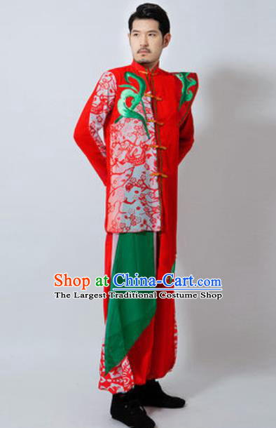 Chinese Folk Dance Red Costume Classical Dance Drum Dance Clothing for Men