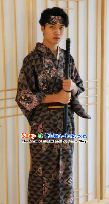 Japanese Traditional Samurai Printing Dragons Black Kimono Robe Asian Japan Handmade Warrior Yukata Costume for Men