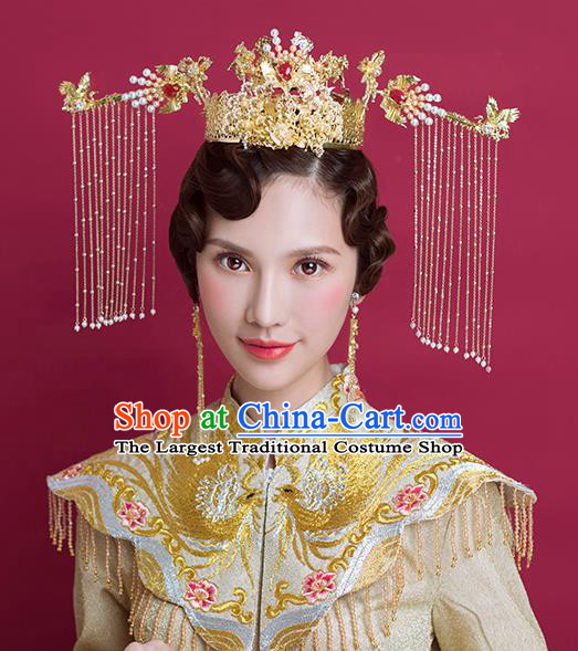 Traditional Chinese Ancient Bride Phoenix Coronet Tassel Hairpins Handmade Wedding Hair Accessories for Women