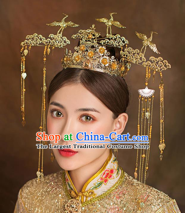 Traditional Chinese Ancient Bride Tassel Hairpins Crane Pine Phoenix Coronet Handmade Wedding Hair Accessories for Women