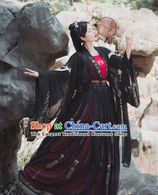 Chinese Tang Dynasty Historical Costume Traditional Ancient Swordswoman Black Hanfu Dress for Women