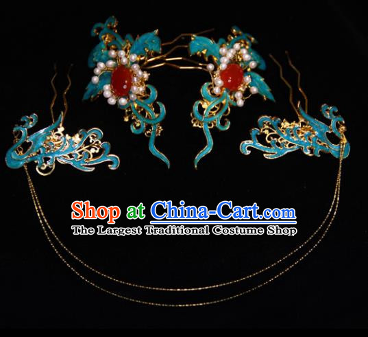 Traditional Chinese Ancient Qing Dynasty Blueing Hairpins Handmade Wedding Hair Accessories for Women