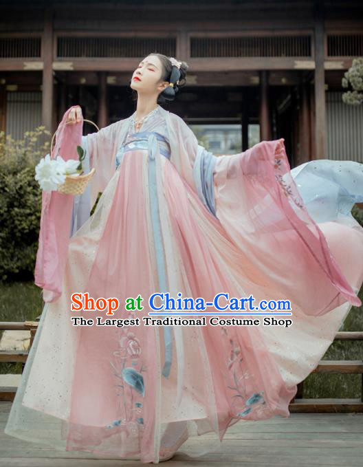 Chinese Traditional Ancient Celestial Princess Embroidered Hanfu Dress Tang Dynasty Court Lady Historical Costume for Women