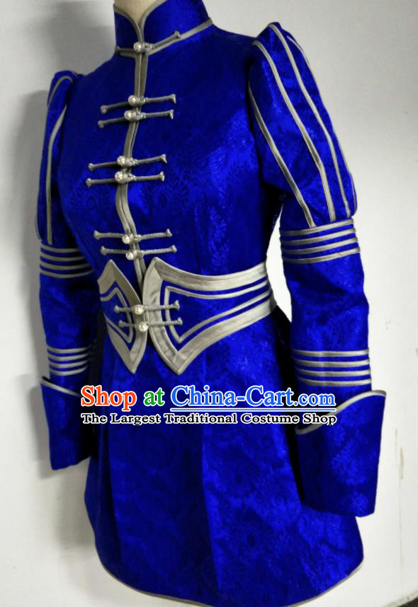 Chinese Traditional Mongolian Ethnic Deep Blue Robe Mongol Nationality Female Dress Costume for Women