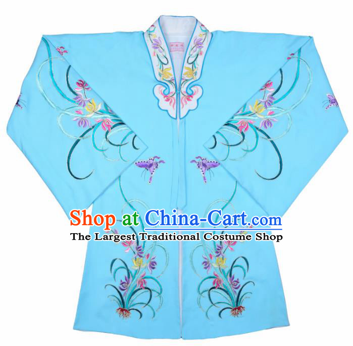 Handmade Chinese Beijing Opera Embroidered Orchid Blue Cape Traditional Peking Opera Diva Costume for Women