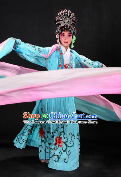 Handmade Chinese Beijing Opera Embroidered Peony Blue Dress Traditional Peking Opera Diva Costume for Women