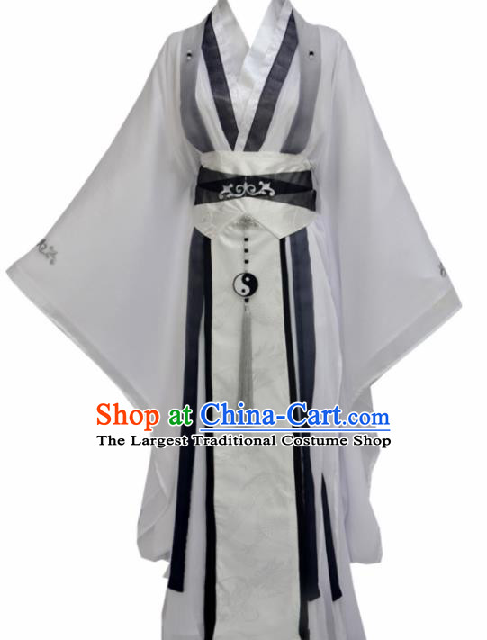 Traditional Chinese Tang Dynasty Swordsman White Clothing Ancient Taoist Priest Costume for Men