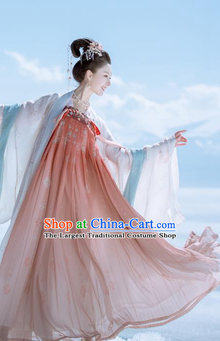 Traditional Chinese Ancient Peri Embroidered Historical Costume Tang Dynasty Imperial Consort Hanfu Dress for Women