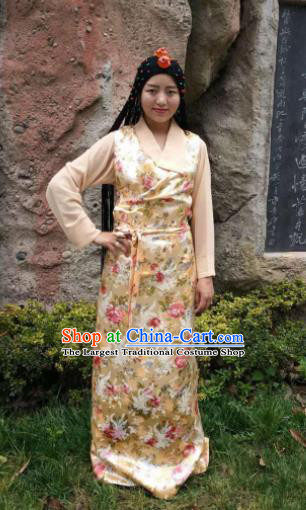 Chinese Traditional Zang Nationality Female Dress Tibetan Dance Ethnic Costume for Women