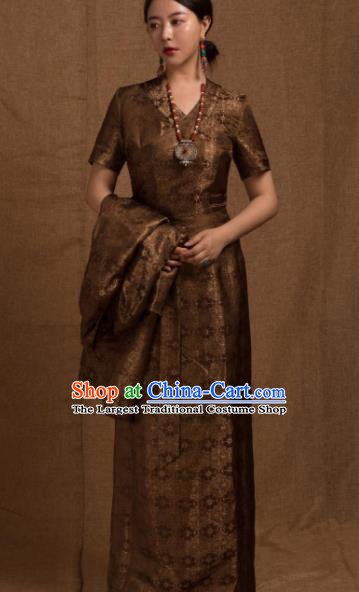 Chinese Traditional Ethnic Bride Tibetan Robe Zang Nationality Female Bronze Dress Costume for Women