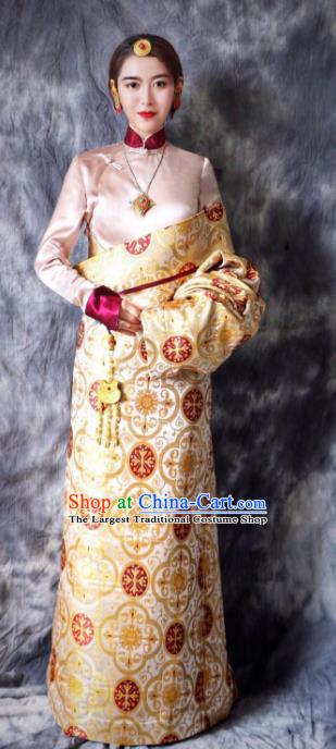 Chinese Traditional Ethnic Bride Golden Tibetan Robe Zang Nationality Female Dress Costume for Women