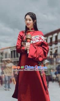 Chinese Traditional Ethnic Bride Wine Red Tibetan Robe Zang Nationality Female Dress Wedding Costume for Women