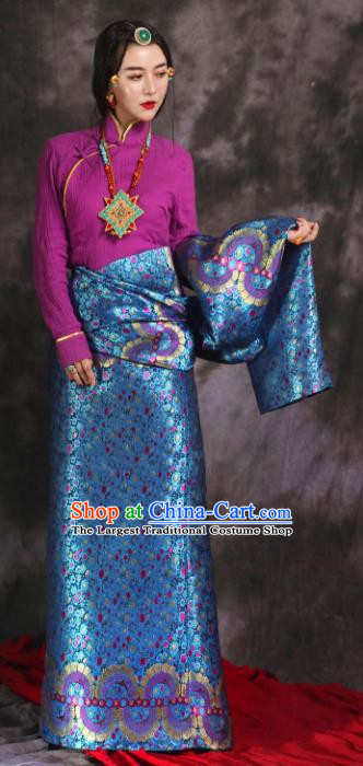 Chinese Traditional Ethnic Bride Blue Tibetan Robe Zang Nationality Female Dress Wedding Costume for Women