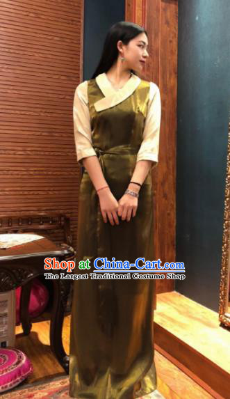 Chinese Traditional Zang Nationality Female Olive Green Dress Tibetan Robe Ethnic Dance Costume for Women