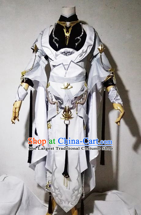 Chinese Traditional Cosplay Female Warrior Costume Ancient Swordsman Taoist Nun White Dress for Women