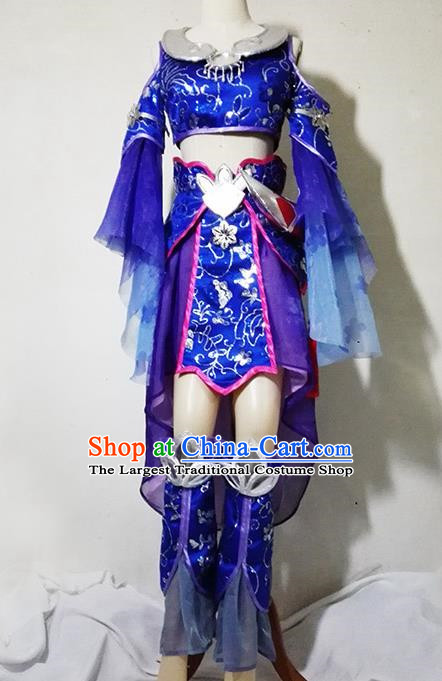 Chinese Traditional Cosplay Female Knight Costume Ancient Swordsman Taoist Nun Blue Dress for Women