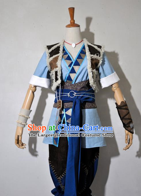 Chinese Traditional Cosplay Young Knight Blue Costume Ancient Swordsman Hanfu Clothing for Men