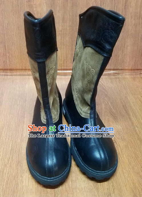 Traditional Chinese Mongol Ethnic Black Leather Boots Mongolian