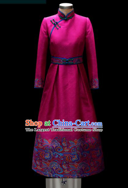 Traditional Chinese Mongol Ethnic Wedding Rosy Dress Mongolian Minority Folk Dance Embroidered Costume for Women