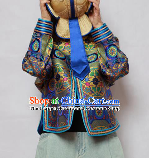 Traditional Chinese Mongol Ethnic Blue Cotton Wadded Jacket Mongolian Minority Folk Dance Costume for Women