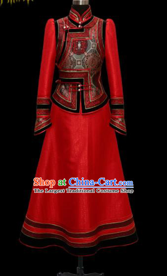 Traditional Chinese Mongol Ethnic Wedding Red Dress Mongolian Minority Folk Dance Costume for Women