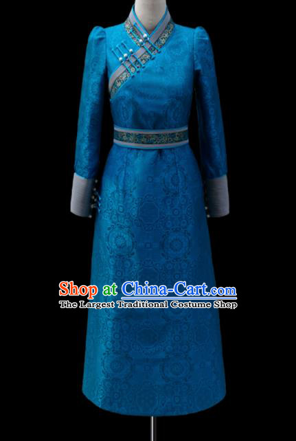 Traditional Chinese Mongol Ethnic National Blue Dress Mongolian Minority Folk Dance Costume for Women