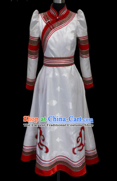 Traditional Chinese Mongol Ethnic National White Brocade Dress Mongolian Minority Folk Dance Costume for Women