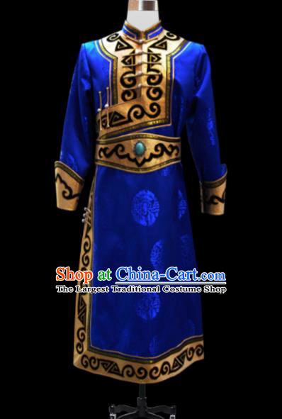 Chinese Traditional Mongol Ethnic National Royalblue Brocade Robe Mongolian Minority Folk Dance Costume for Men