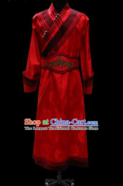 Chinese Traditional Mongol Ethnic National Red Brocade Robe Mongolian Minority Folk Dance Costume for Men