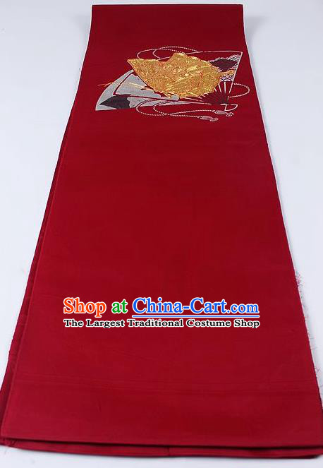 Japanese Kimono Accessories Classical Fan Pattern Wine Red Belt Asian Japan Traditional Ceremony Yukata Waistband for Women