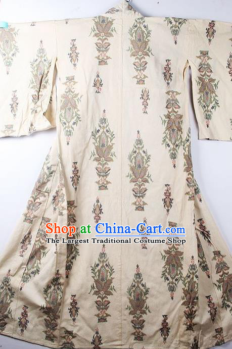 Asian Japanese Classical Pattern Beige Yukata Robe Traditional Japan Kimono Costume for Men