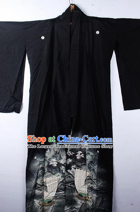 Asian Japanese Classical Sailboat Pattern Black Yukata Robe