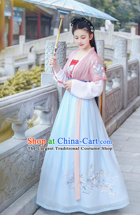 Chinese Ancient Young Lady Embroidered Hanfu Dress Antique Traditional Song Dynasty Historical Costume for Women