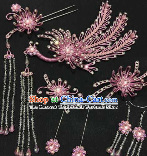 Traditional Chinese Beijing Opera Diva Hair Accessories Pink Phoenix Hairpins Ancient Court Princess Headwear for Women