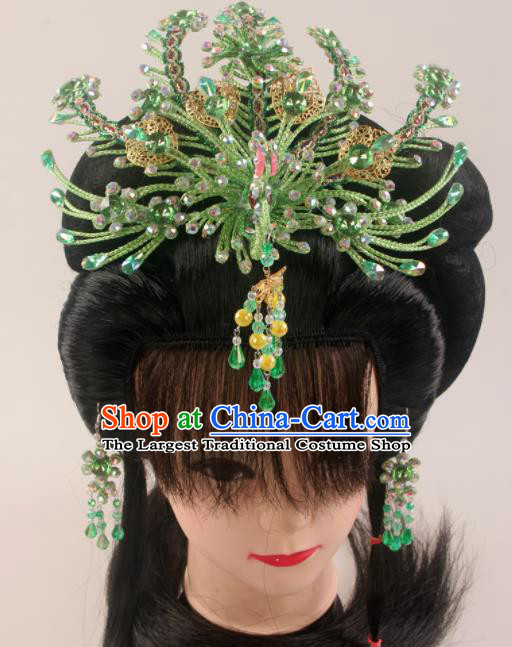 Traditional Chinese Beijing Opera Diva Green Phoenix Hairpins Hair Accessories Ancient Court Princess Headwear for Women