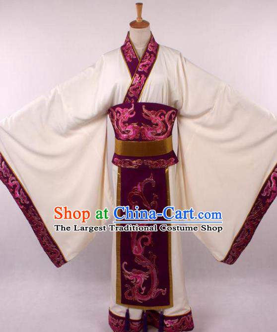 Traditional Chinese Shaoxing Opera Niche Embroidered White Clothing Ancient Han Dynasty Minister Costume for Men