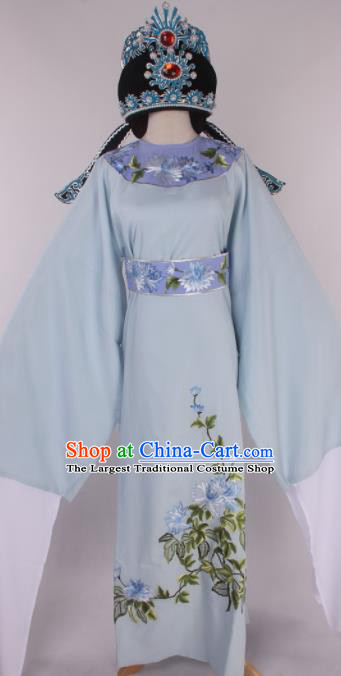 Traditional Chinese Shaoxing Opera Gifted Scholar Light Blue Robe Ancient Childe Costume and Hat for Men