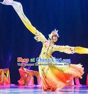 Traditional Chinese Classical Dance Flowers Contend in Beauty Costume Peking Opera Water Sleeve Yellow Dress for Women