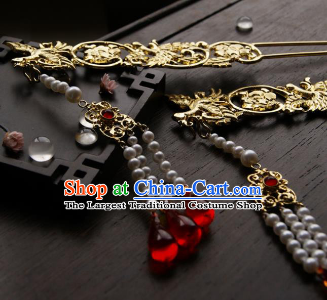 Chinese Ancient Ming Dynasty Golden Crane Tassel Hairpins Step Shake Traditional Hanfu Hair Accessories for Women