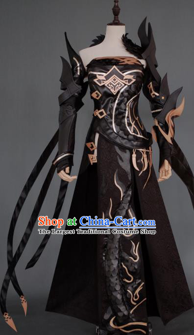 Chinese Ancient Cosplay Heroine Armor Female Knight Black Dress Traditional Hanfu Swordsman Costume for Women