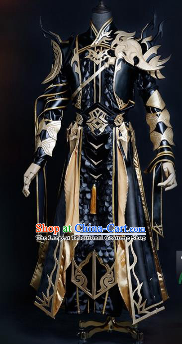 Chinese Ancient Drama Cosplay Young General Armor Knight Black Clothing Traditional Hanfu Swordsman Costume for Men