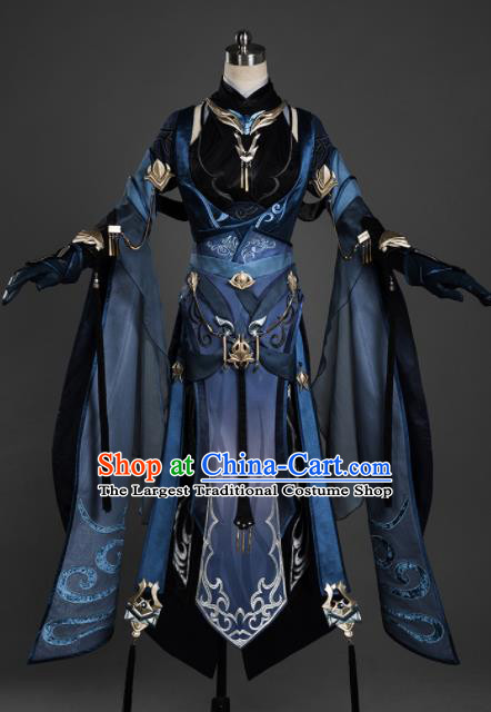 Chinese Ancient Cosplay Female General Heroine Navy Dress Traditional Hanfu Princess Swordsman Costume for Women