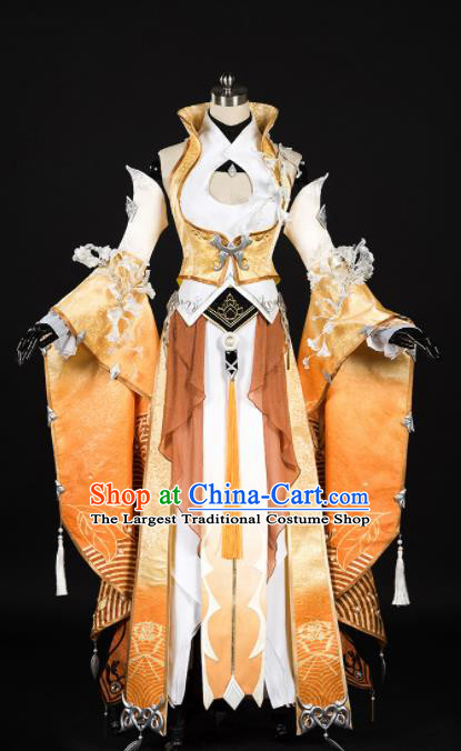 Chinese Ancient Cosplay Fairy Female Knight Heroine Yellow Dress Traditional Hanfu Princess Swordsman Costume for Women