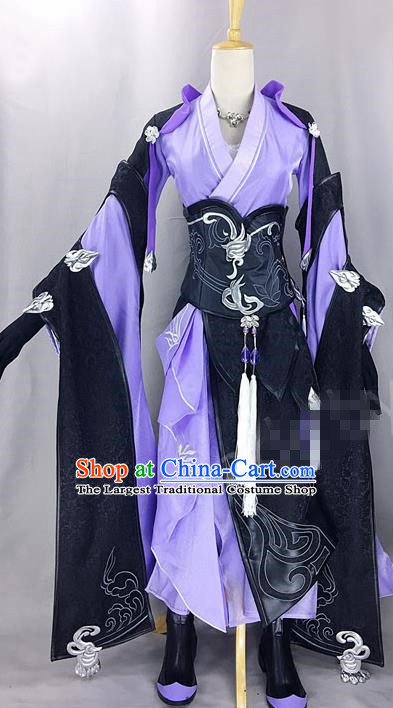 Chinese Ancient Cosplay Heroine Purple Dress Traditional Hanfu Female Swordsman Costume for Women