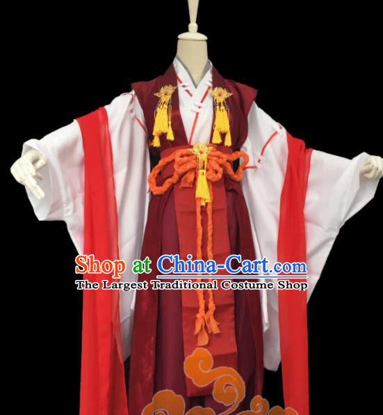 Custom Chinese Ancient Cosplay Taoist Priest Swordsman Purplish Red Clothing Traditional Royal Highness Costume for Men