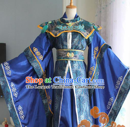 Custom Chinese Ancient Royal Highness Royalblue Clothing Traditional Cosplay Emperor Swordsman Costume for Men