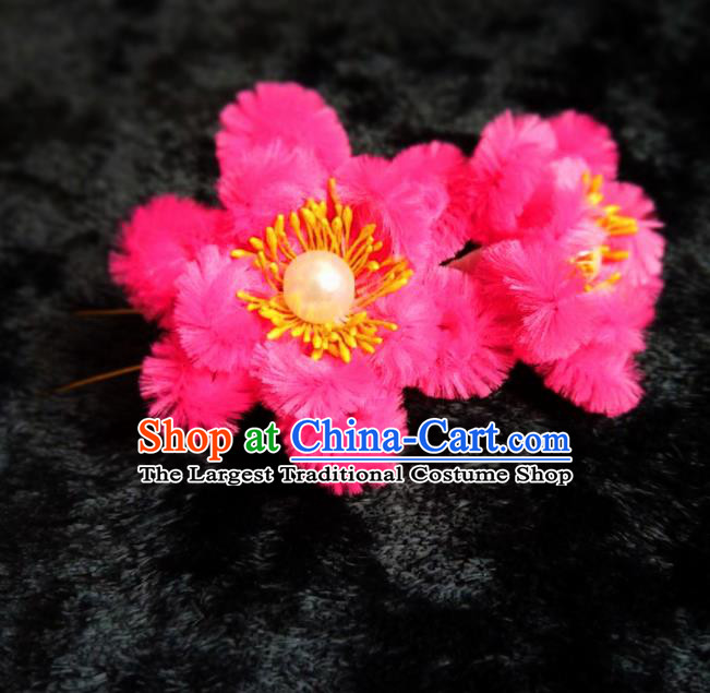 Handmade Chinese Ancient Qing Dynasty Rosy Velvet Hibiscus Hairpins Traditional Court Hanfu Hair Accessories for Women