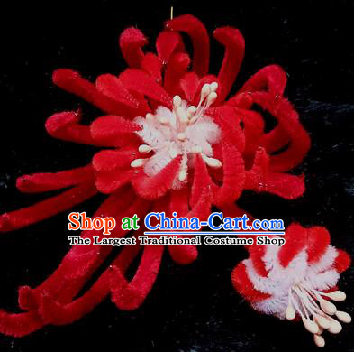 Chinese Handmade Qing Dynasty Red Velvet Chrysanthemum Hairpins Traditional Ancient Court Hanfu Hair Accessories for Women