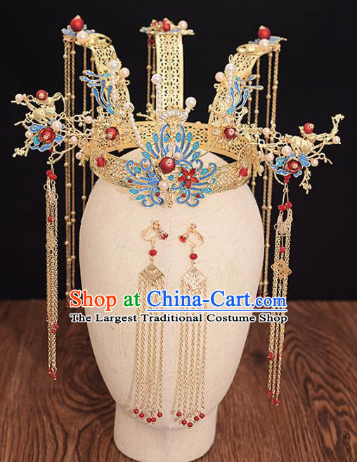 Chinese Ancient Bride Phoenix Coronet Tassel Hairpins Traditional Hanfu Wedding Hair Accessories for Women